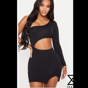 SHAPE BLACK ASYMMETRICAL CUT OUT BODY CON DRESS